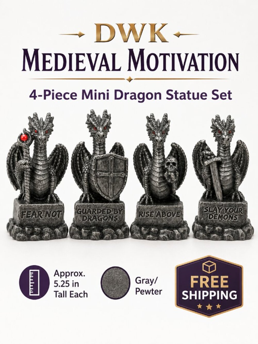 DWK Medieval Motivation Dragon Statues 4pc Set 5.25in Gray Resin NIB